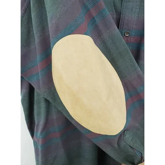 Cabelas‎ Striped Button Up Long Sleeve Elbow Patch Suede Leather Accent Shirt XL - Picture 3 of 6